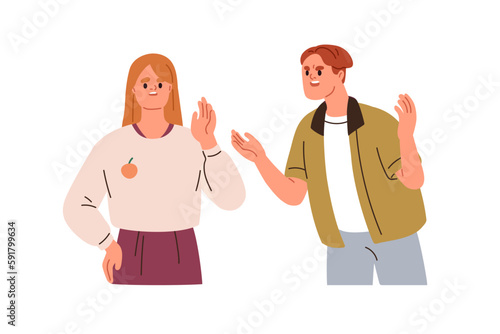 Couple conflict. Angry man shouting at woman. Toxic relationship, disagreement, misunderstanding, quarrel, communication problem concept. Flat graphic vector illustration isolated on white background photo