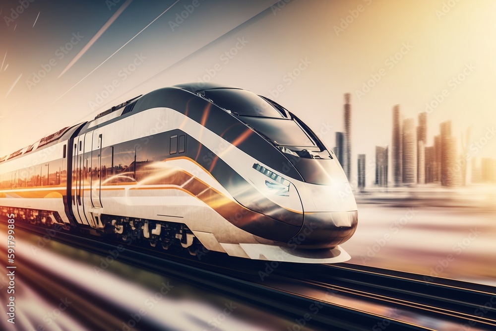 High-speed train in motion against a cityscape backdrop, Generative Ai