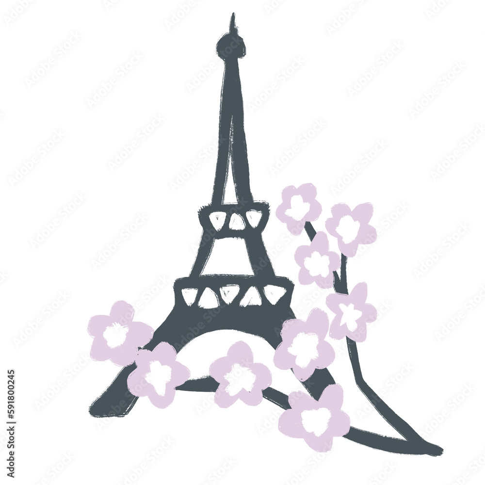 Hand drawn illustration with eiffel tower cherry blossom flowers on blue background. Paris french france parisian city fabric print, spring springtime flower floral design, tourist attraction vacation - obrazy, fototapety, plakaty 