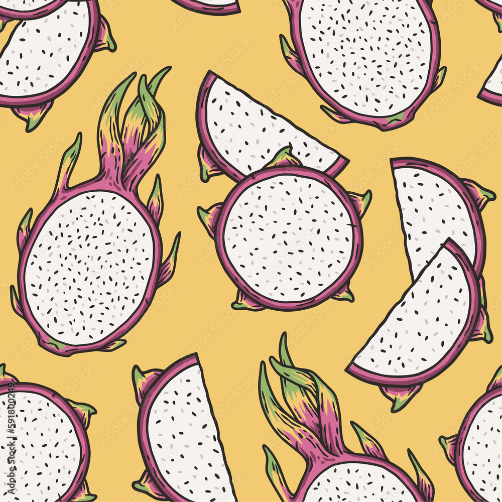 Exotic dragon fruit seamless pattern. Vector eco fruit or organic nature ingredient for food market. Exotic dragon fruit seamless pattern. Vector eco fruit or organic nature ingredient for food market.