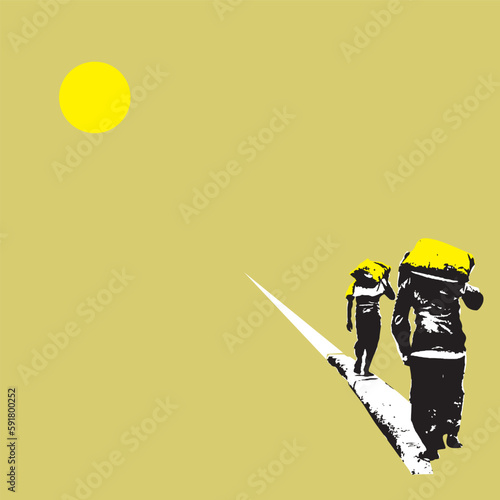 Digital illustration of two men carrying the burden walking towards one point