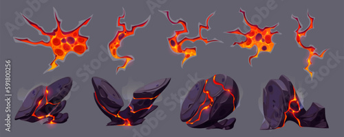 Volcano ground texture with lava in cracks and broken stones. Volcanic rocks with light effect in fissures and land surface breaks with hot magma, vector cartoon illustration
