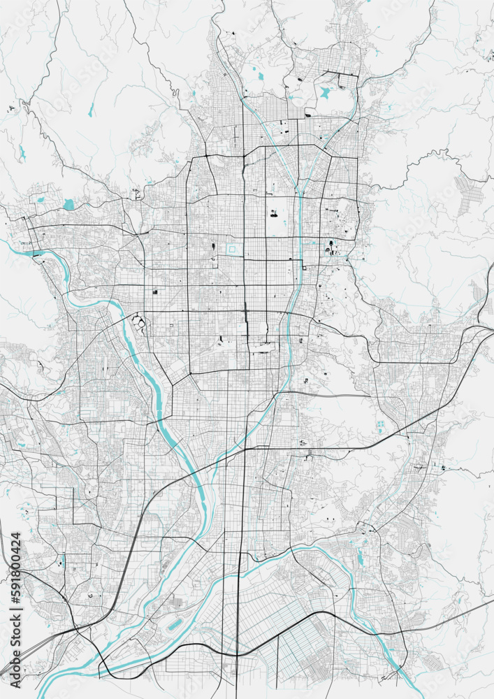 Street map art of Kyoto city in Japan. Road map of Kyoto. Black and white (blue) illustration of Japan streets. Printable poster.