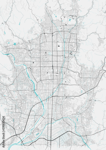 Street map art of Kyoto city in Japan. Road map of Kyoto. Black and white (blue) illustration of Japan streets. Printable poster.