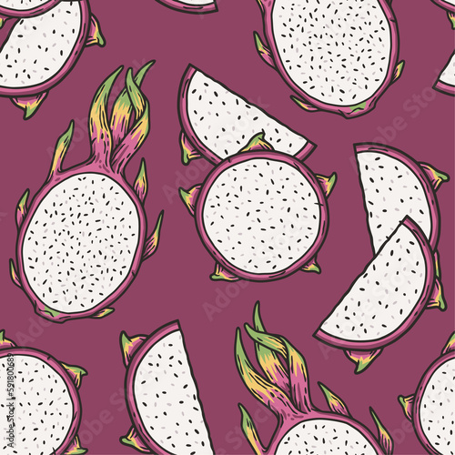 Exotic dragon fruit seamless pattern. Vector eco fruit or organic nature ingredient for food market.
