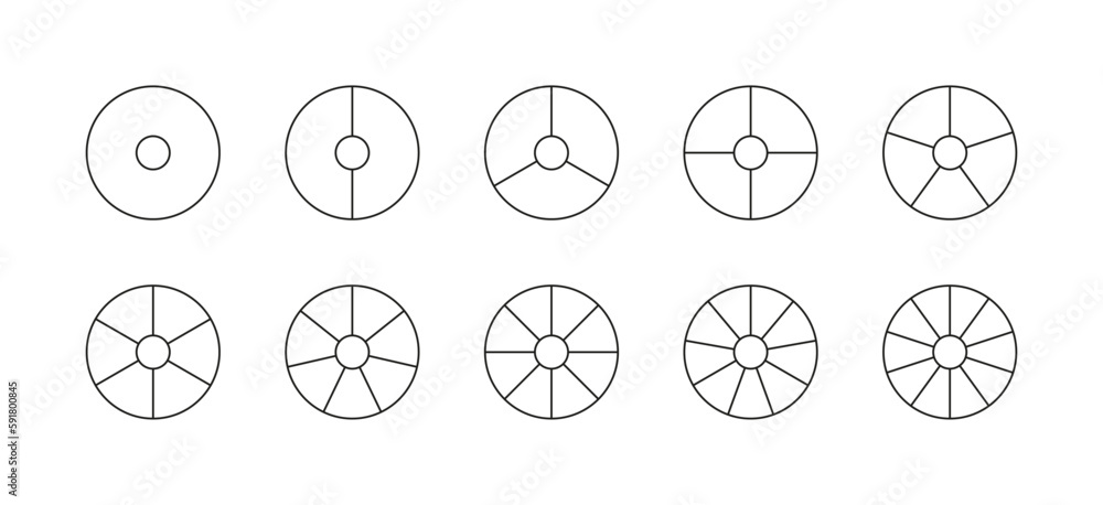 Piechart with segments and slices. Set of circular chart. Round structure graph. Pie diagram divided into pieces. Set schemes with sectors. Circle section template in grey color. Vector illustration Piechart with segments and slices. Set of circular chart. Round structure graph. Pie diagram divided into pieces. Set schemes with sectors. Circle section template in grey color. Vector illustration