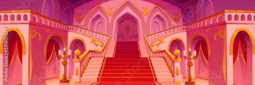 Royal palace hall interior. Medieval castle room with staircase, carpet, arches and gold chandeliers. Old luxury building interior with stairs and doors, vector cartoon illustration
