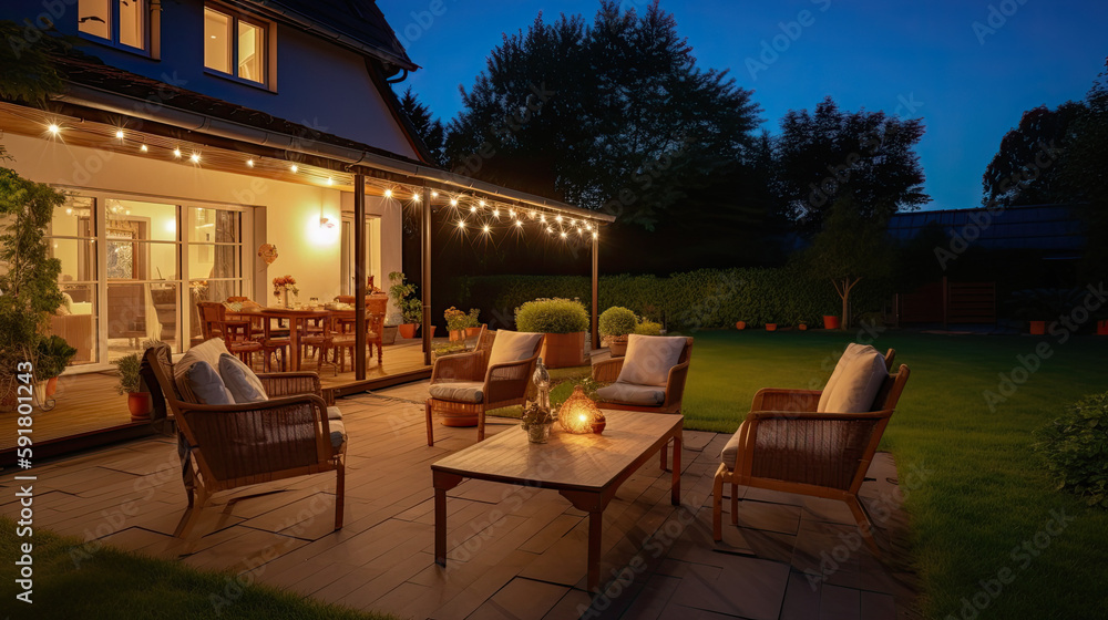baeautiful terrace of beautiful suburban house with patio , wicker furniture and lights, Summer evening concept