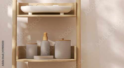 Modern minimal wooden shelf, gray ceramic jar wood lid, pump head bottle, white tray in sunlight on blank beige wall for luxury cosmetic, skincare, bath, spa, beauty treatment product background 3D