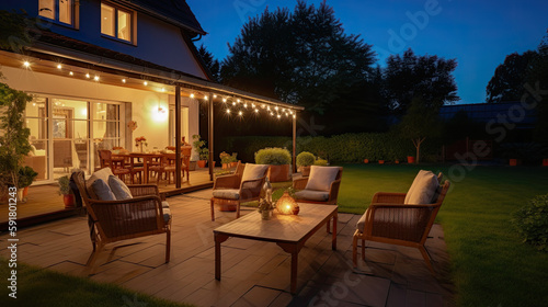 baeautiful terrace of beautiful suburban house with patio , wicker furniture and lights, Summer evening concept © Sakura
