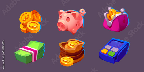 Finance game icons cartoon vector set. Business icon illustration with gold coin in wallet, pig symbol, cash and pos terminal element. Isolated financial and banking account interface object.