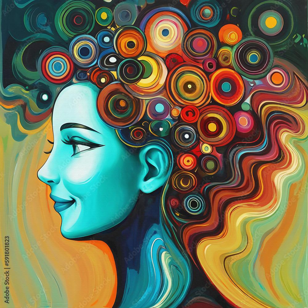 BEAUTIFUL THOUGHTS - happy girl / woman with green  skin color , POSTER - MURAL SERIE - READY TO PRINT- digital art, colorful, poster, illustration, Wall digital Image, picture. PS & generative AI.