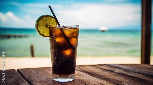 Cuba Libre cocktail on background with blue sea and sky tropical background. Generative AI