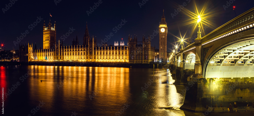 Night in London, Big Ben and Palace of Westminster over River Thames, London, England