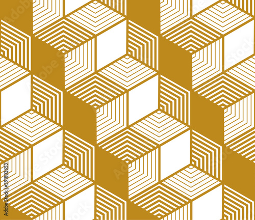 3d cube shapes with gold colored fill and striped thick and thin lines in a repeating outline pattern. Geometric vector illustration.