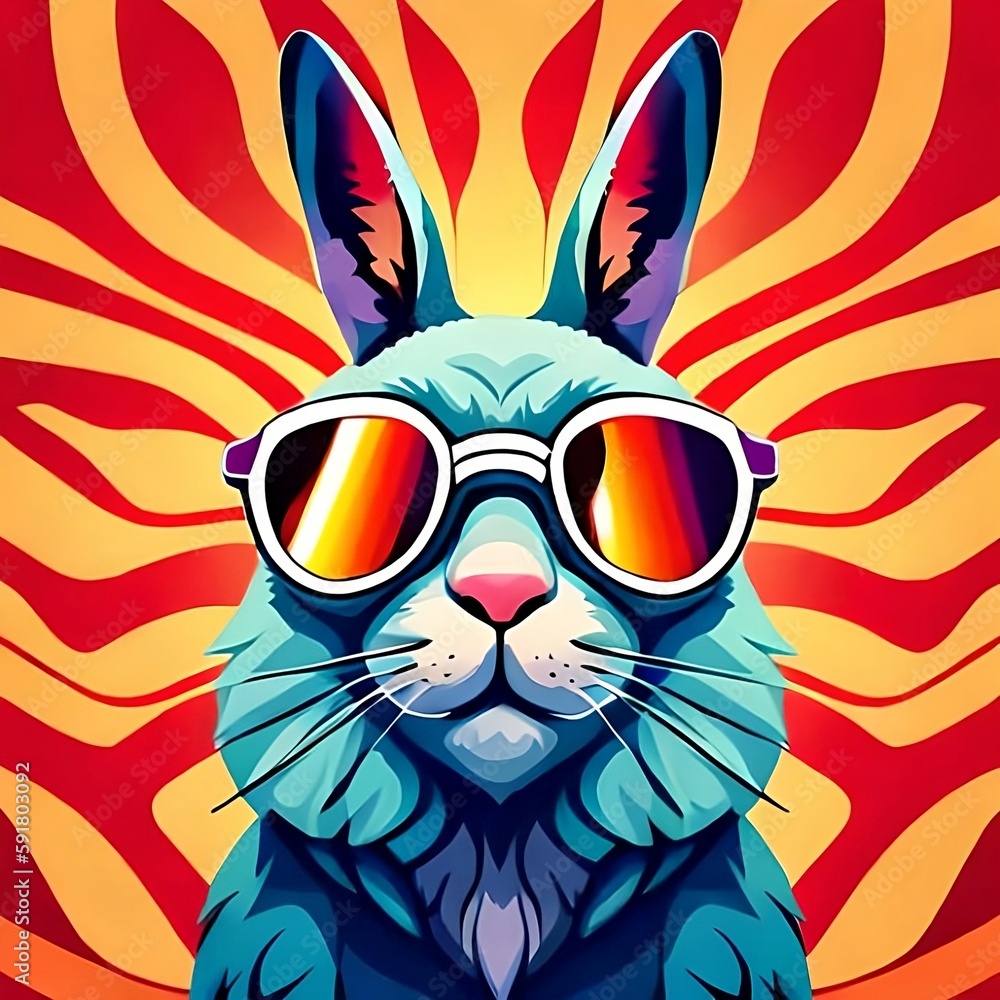 illustration of a cartoon rabbit in a sunny synth wave. Generative Ai