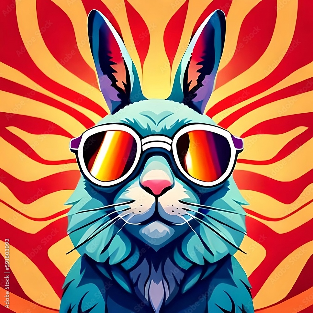 illustration of a cartoon rabbit in a sunny synth wave. Generative Ai illustration of a cartoon rabbit in a sunny synth wave. Generative Ai