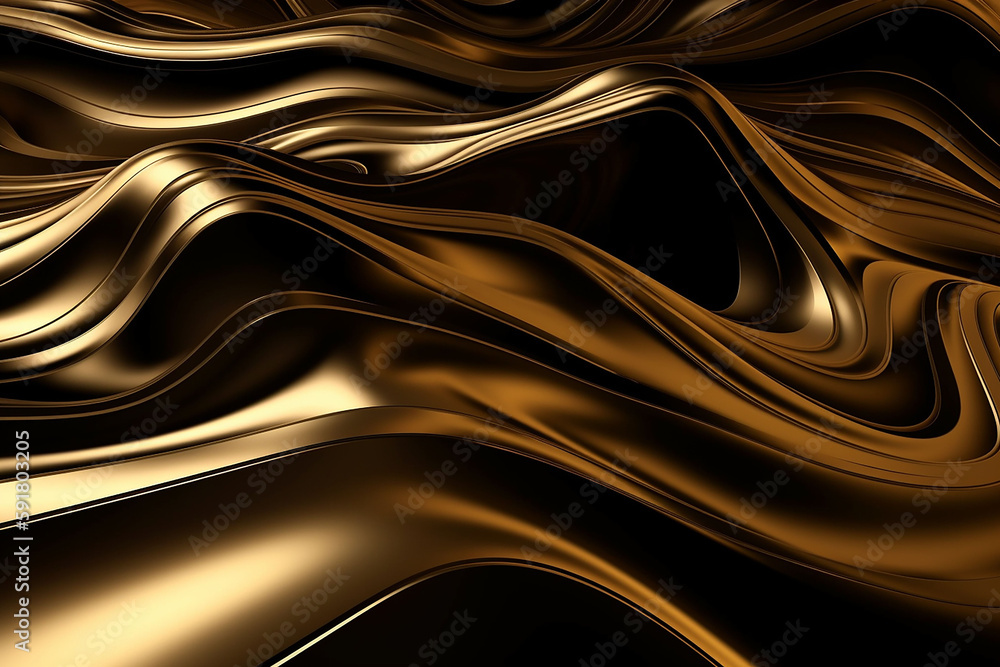 Fototapeta premium Gold abstract wavy liquid background. 3d rendering, 3d illustration. Generative AI