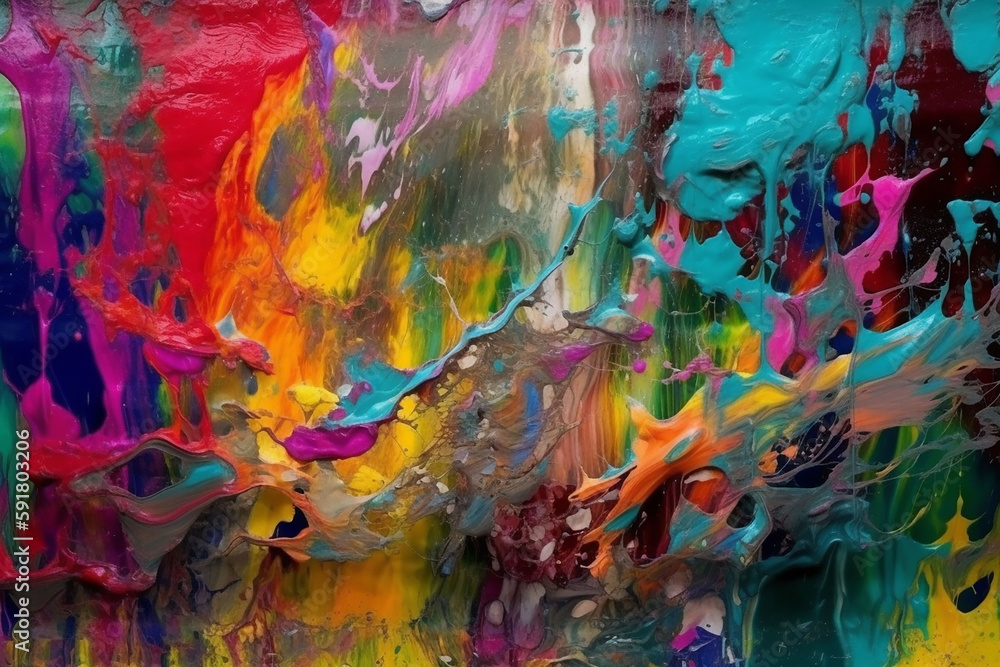 Abstract background of colorful paint splashing on a wall close up.   Generative AI 