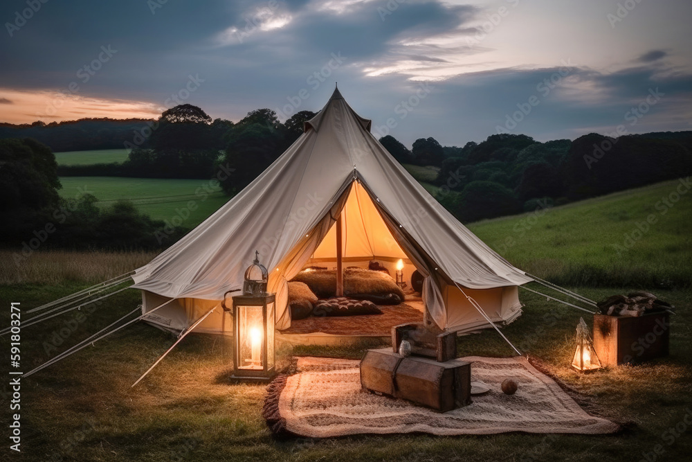 Luxury campsite. Glamping in the countryside at sunset. Generative AI