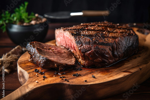 A tasty steak served on a wooden board. Generative AI