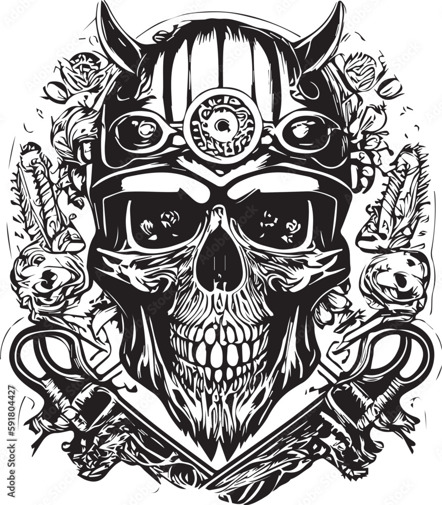 Fototapeta premium Artwork illustration and t-shirt design skull motorcycle engraving ornament on white background