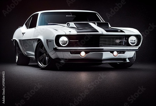 White tuned muscle car on black background. Generative AI