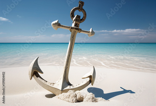 Old ships anchor washed up on the tropical beach. Generative ai