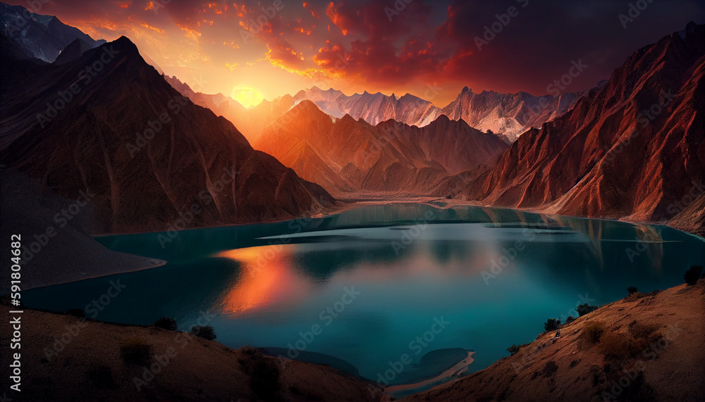 Pakistan Lake in the sunset mountains
