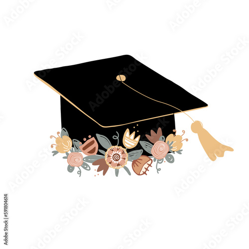 Cute graduation cap decorated with doodle flower wreath. Mortarboard, high education and graduation symbol. Vector isolated illustration