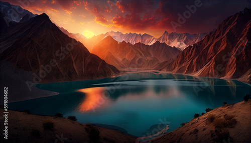 Pakistan Lake in the sunset mountains © SHKamran