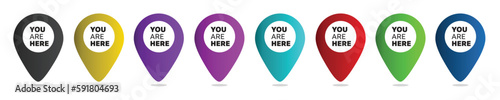 You are here icon set. Map location pin pointer symbol collection. Mall or park destination marker vector. available in red, yellow, black, purple, blue, green, and pink colors.