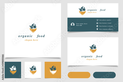 Organic food logo design with editable slogan. Branding book and business card template.