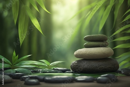 Bamboo and stones in a wellness spa. Zen Stones and Bamboo on the water. relax  enjoy at spa concept. Generative AI