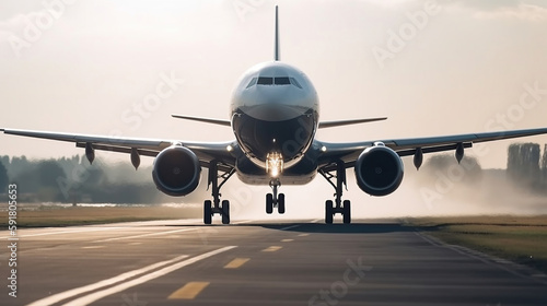 plane taking off from airport runways for traveling and transport business. Generative AI © vectorizer88