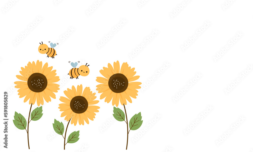 Sunflower with green leaves and bee cartoons isolated on white background vector illustration.