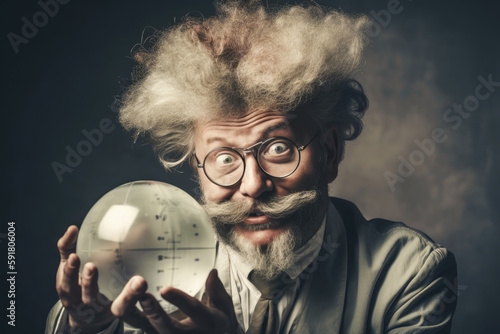 Portrait of a middle aged scientist with wild hair and glasses AI generated art