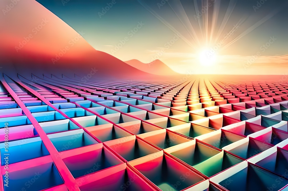 Fototapeta premium 3D-Rendering, abstrakt, geometrisch, Hintergrund, durchscheinend, Glas, blau-rot-grün, Farbverlauf, quadratische Formen
