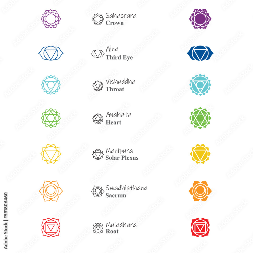 Symbols of the seven chakras for yoga, meditation. Set of mystical and ...