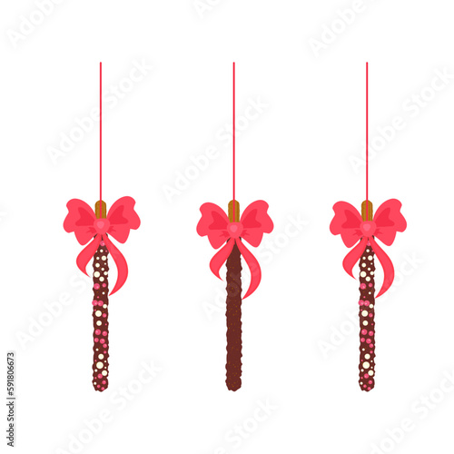Assorted chocolate chip cookie sticks dipped in sprinkles. Ribbon decorated popping candy for Pepero day in Korea. Frosted biscuits with different flavours. Vector illustration