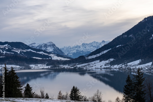 Panorama Alpine reflection view in Switzerland
