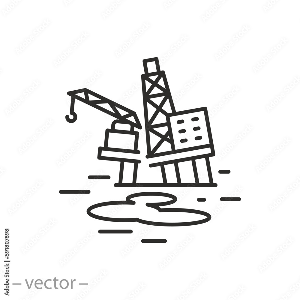 oil platform accident icon, gas rig crash, oil products spill, thin line symbol on white background - editable stroke vector illustration eps10
