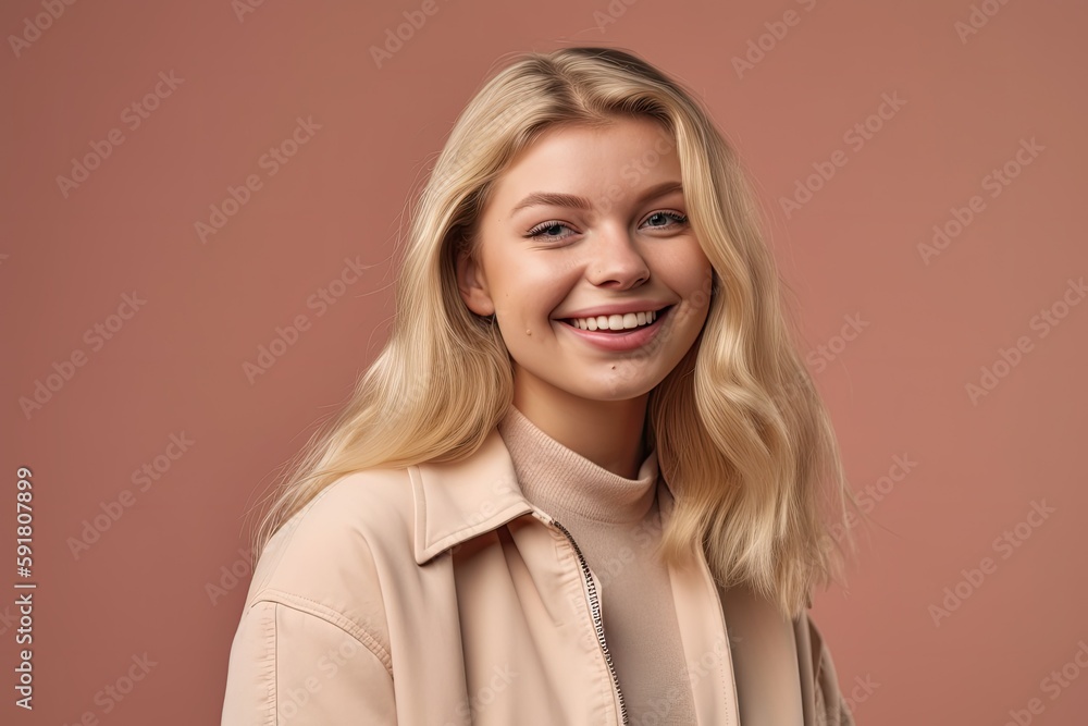 Portrait of a happy young blonde woman on pastel background. Ai generative. Portrait of a happy young blonde woman on pastel background. Ai generative.