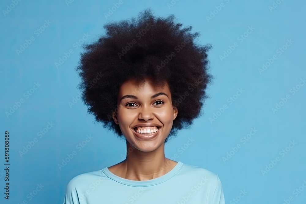 Beautiful woman dark skinned with Afro haircut on blue background. Ai generative. Beautiful woman dark skinned with Afro haircut on blue background. Ai generative.