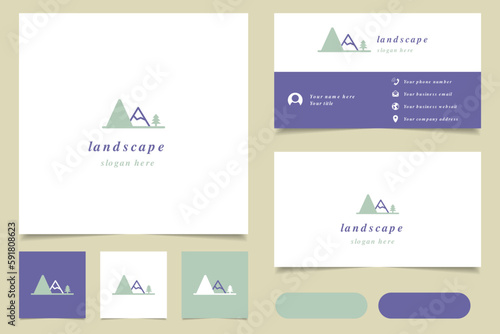 Landscape logo design with editable slogan. Branding book and business card template.