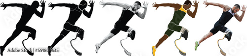 set paralympic athlete amputee disabled on prosthesis running athletics race
