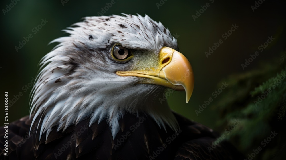 Close-up portrait of a bald eagle's fierce stare in mountainous forest. Generative AI Close-up portrait of a bald eagle's fierce stare in mountainous forest. Generative AI