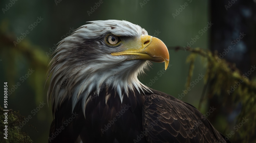 Close-up portrait of a bald eagle's fierce stare in mountainous forest. Generative AI