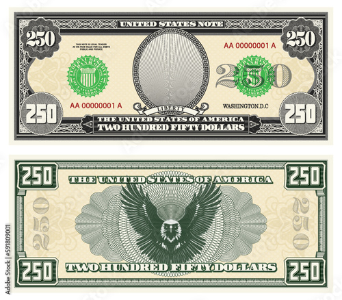 Vector gray banknote obverse and green reverse. Denomination 250 US dollars. Empty oval and guilloche frame. American paper fiction money. Eagle