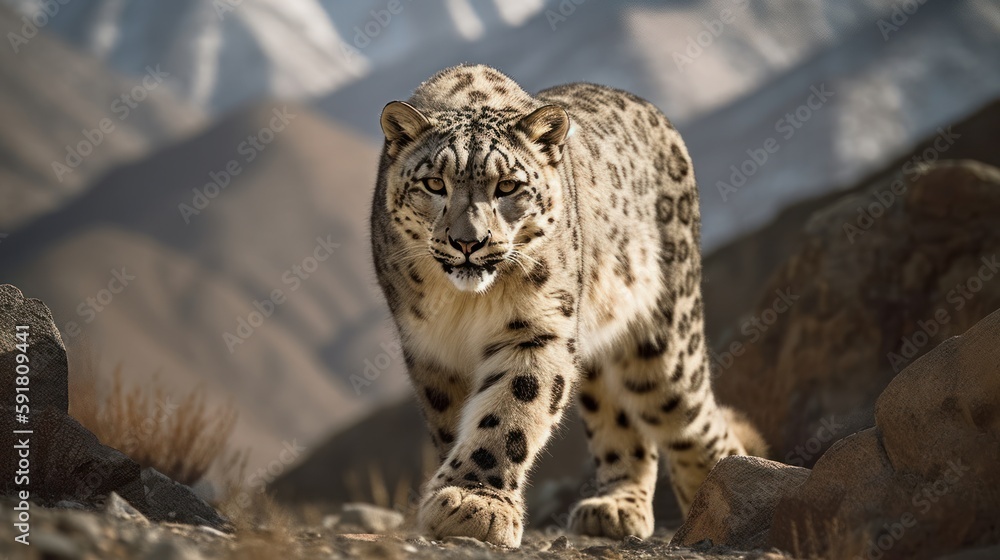 Fototapeta premium Magnificent snow leopard walking through Himalayan mountain range. Generative AI